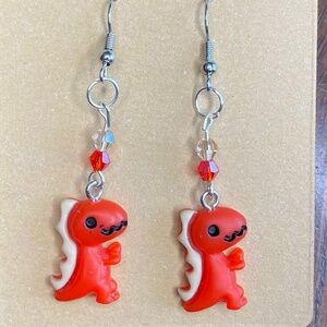 Dinosaur Red & Beige Dangle Earrings with Crystals
